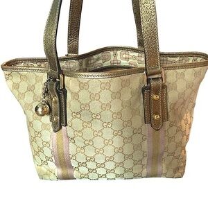 Vintage Gucci Jolicoeur web logo tote canvas and leather tan and pink